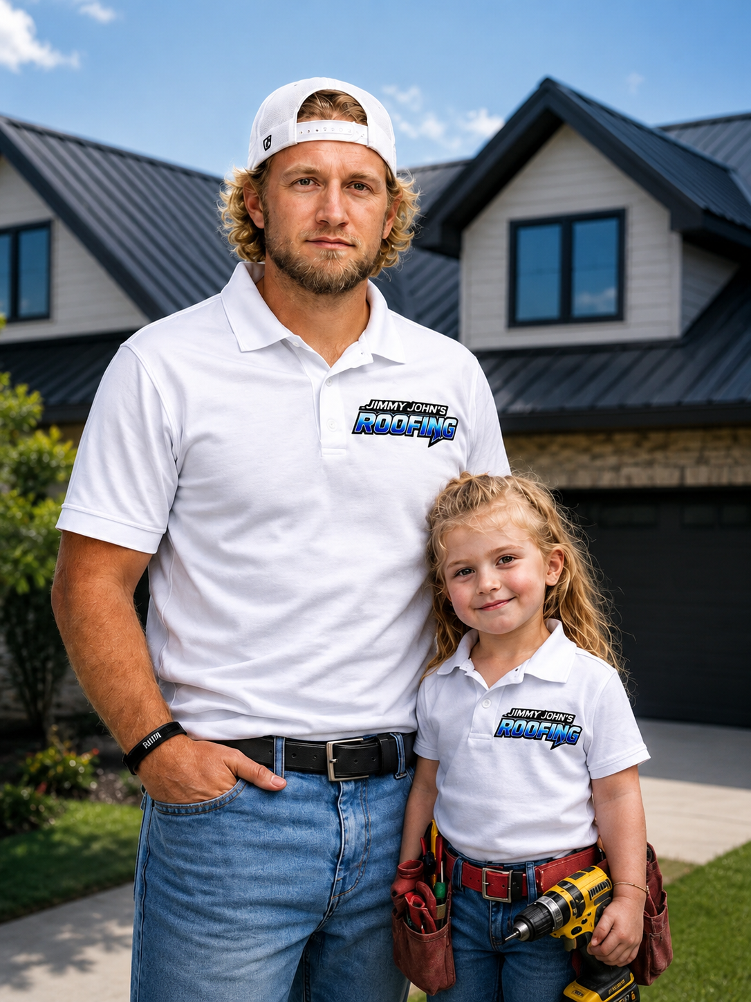 Jimmy John, owner of Jimmy John's Roofing, standing in front of a home with a dark metal roof