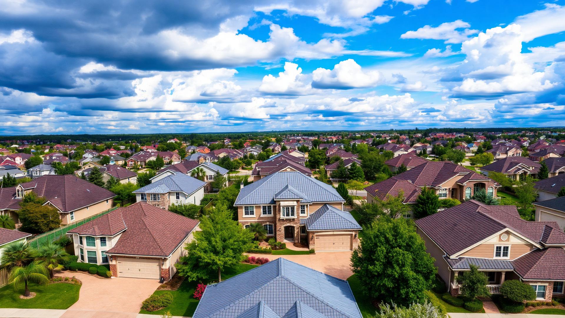 Aerial view of a neighborhood with luxury homes